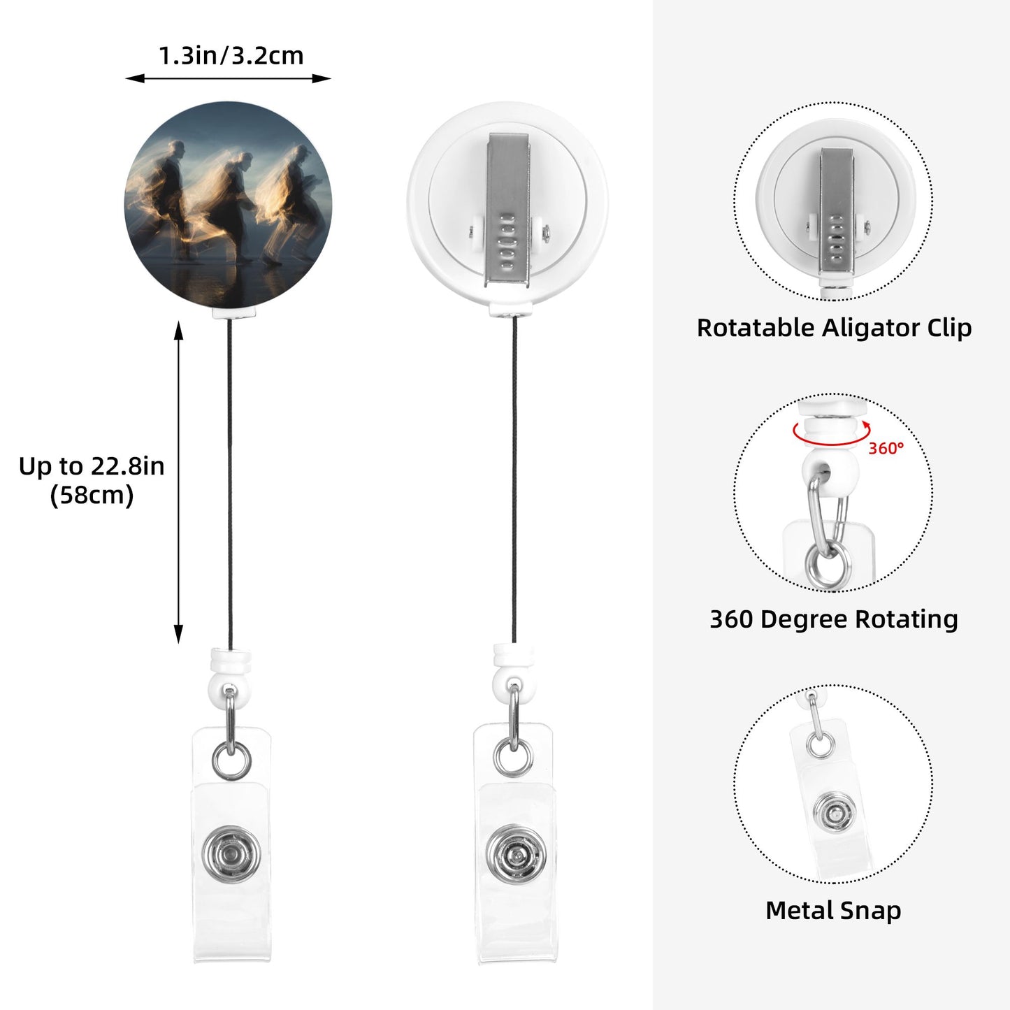 Running Athlete Silhouette Pattern Retractable Badge Holder with 360° Rotating Alligator Clip and Metal Snap for ID Cards & Keys
