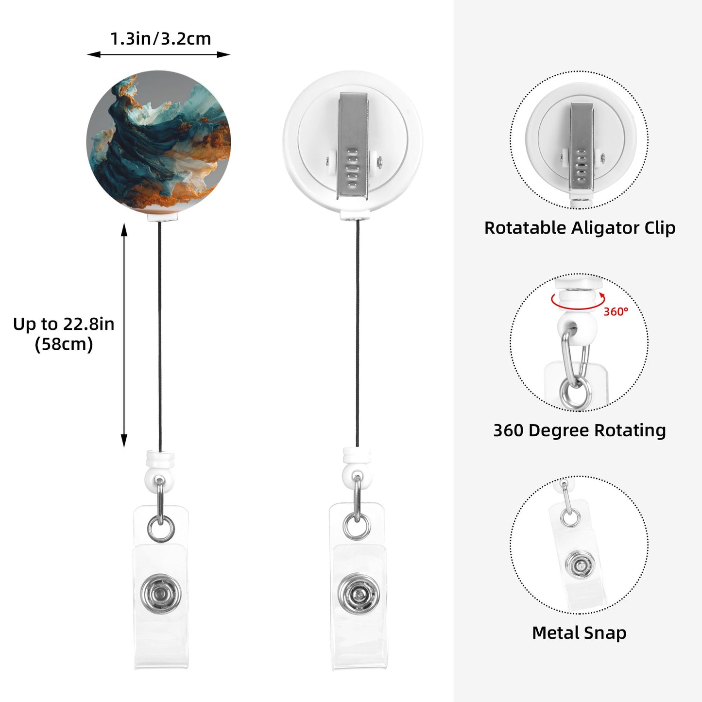 Abstract Colorful Art Pattern Retractable Badge Holder with 360° Rotating Alligator Clip and Metal Snap for ID Cards & Keys