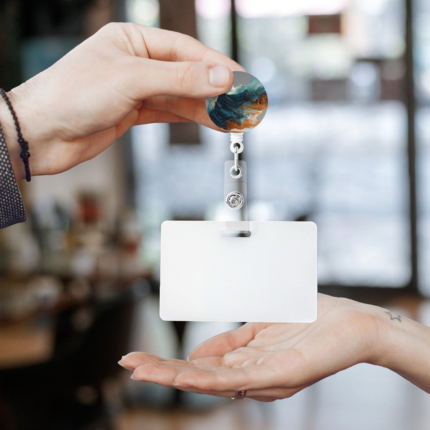 Abstract Colorful Art Pattern Retractable Badge Holder with 360° Rotating Alligator Clip and Metal Snap for ID Cards & Keys